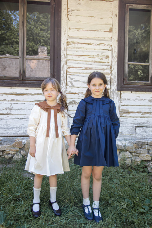 Belati Navy Dress with Ruffled Bow Collar
