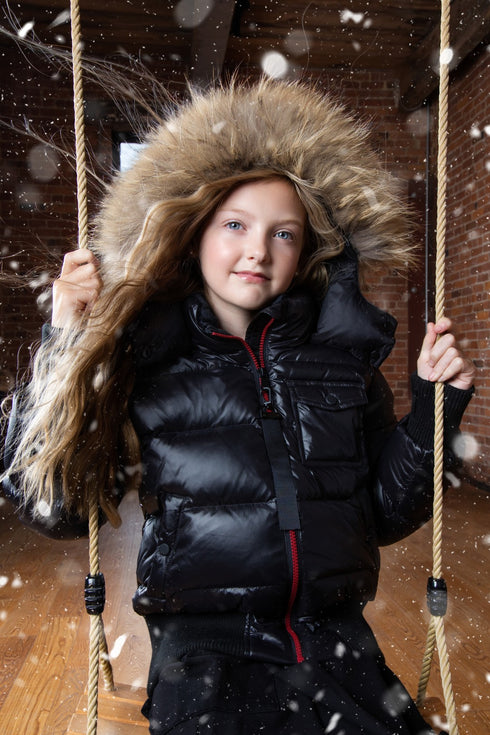 Ellabee Coat with Red Zipper & Natural Fur