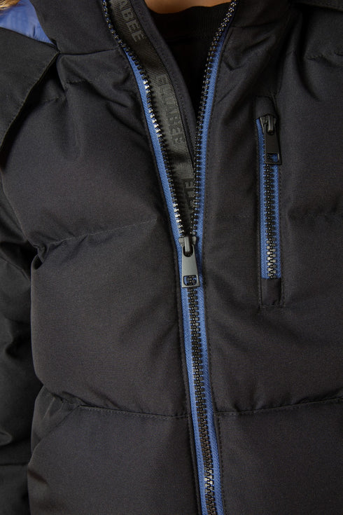 Ellabee Black & Blue Zipper Coat with Fur Hood
