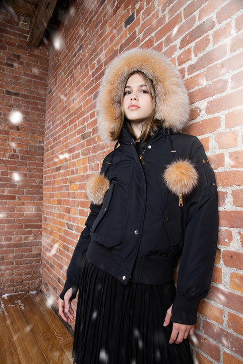 Ellabee Black Bomber with Gold Fur & Pom Poms