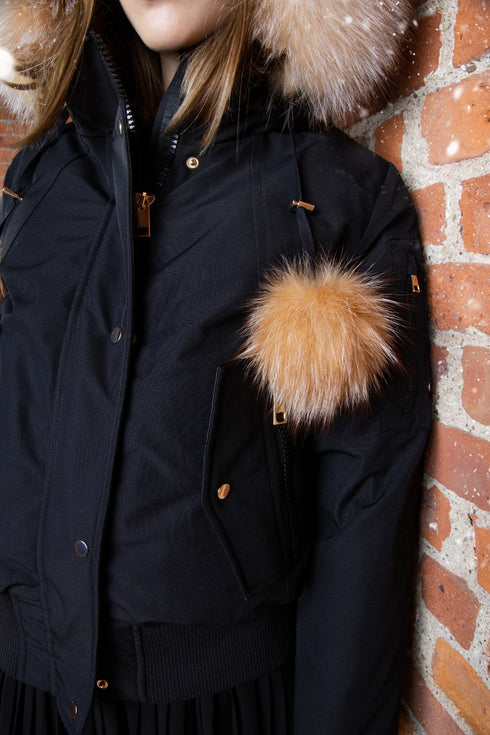 Ellabee Black Bomber with Gold Fur & Pom Poms