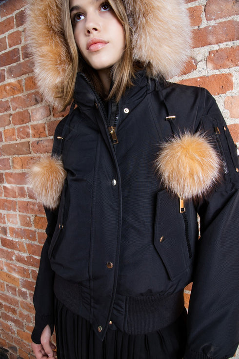 Ellabee Black Bomber with Gold Fur & Pom Poms