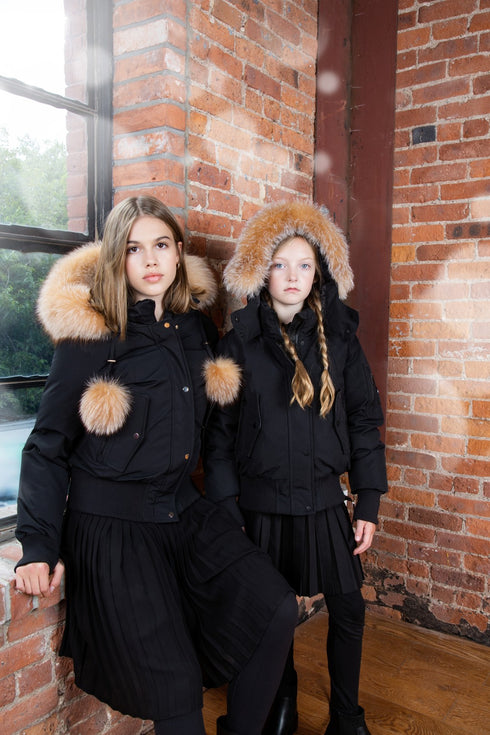 Ellabee Black Bomber with Gold Fur & Pom Poms
