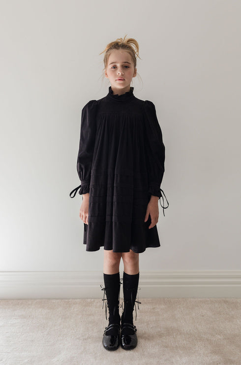 Steph Black Cord Pleat Dress