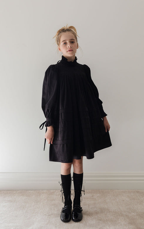 Steph Black Cord Pleat Dress