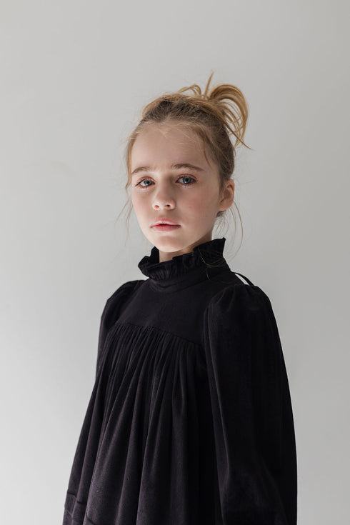 Steph Black Cord Pleat Dress