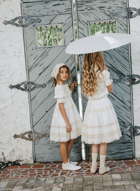 Pompomme Cream Lace Trimmed Dress