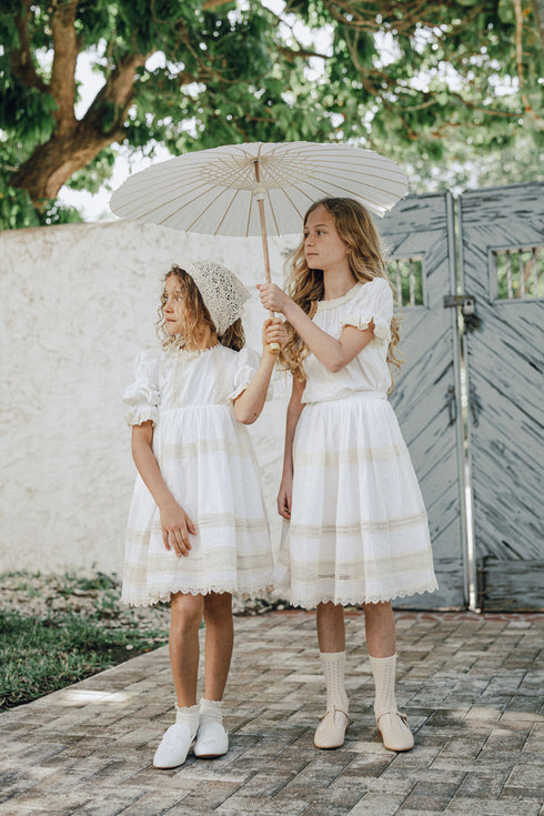 Pompomme Cream Lace Trimmed Dress