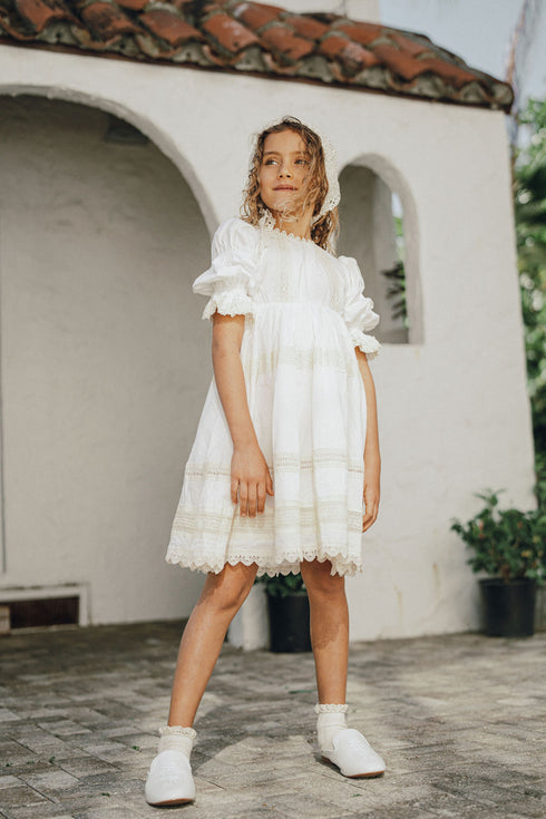 Pompomme Cream Lace Trimmed Dress