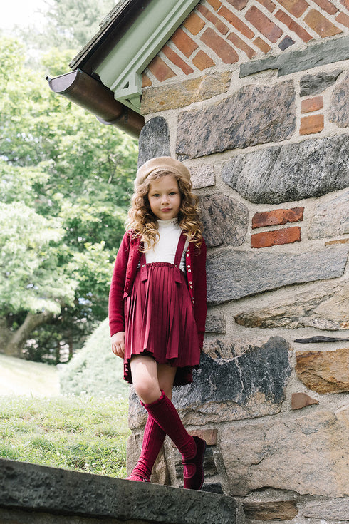 Lil Legs Pleated Suspender Skirt in Deep Red