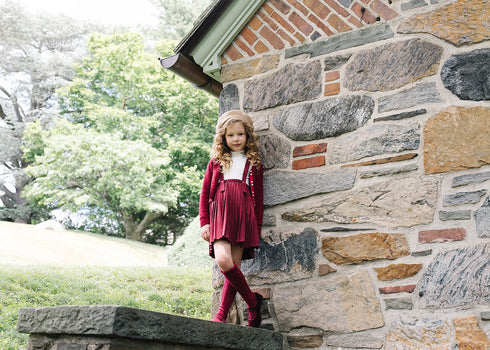 Lil Legs Pleated Suspender Skirt in Deep Red