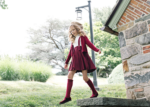 Lil Legs Pleated Suspender Skirt in Deep Red