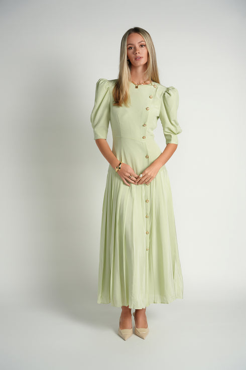 Ellie Makir Sage Pleated Silk Dress