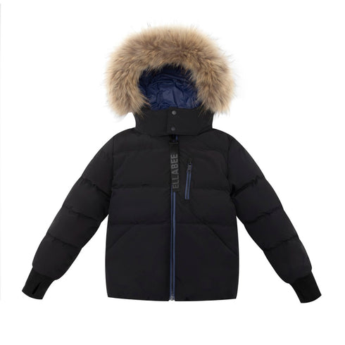 Ellabee Black & Blue Zipper Coat with Fur Hood
