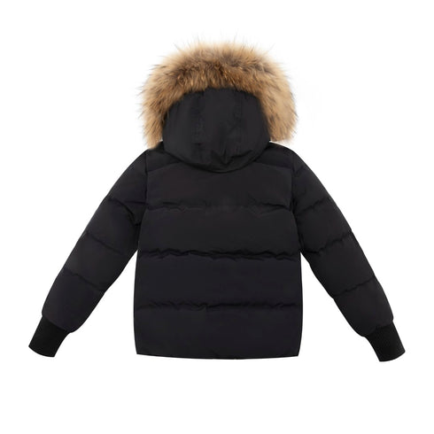 Ellabee Black & Blue Zipper Coat with Fur Hood