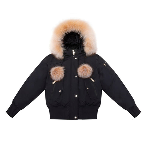 Ellabee Black Bomber with Gold Fur & Pom Poms