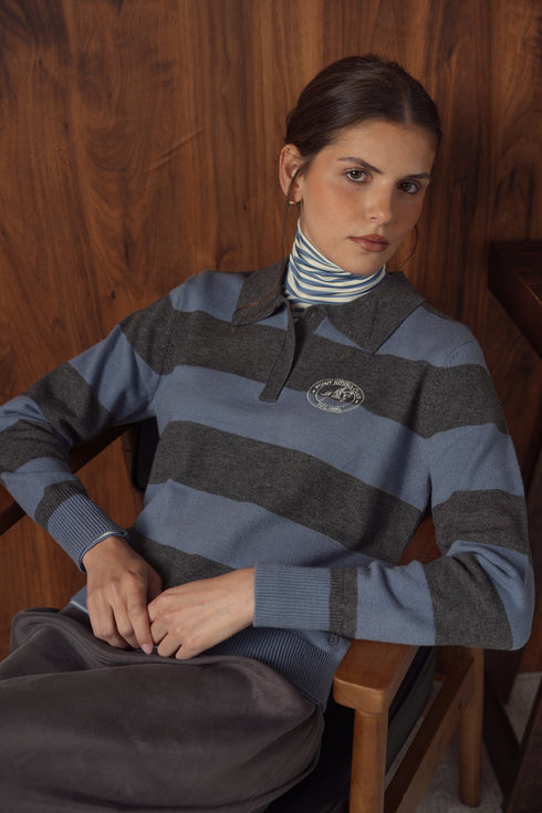Point Knit Polo Sweater in Windward Blue Stripe
