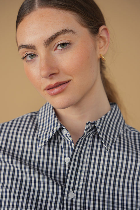 Point Button Up Blouse in Black Gingham