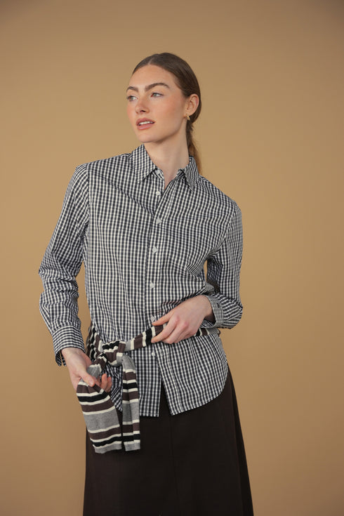 Point Button Up Blouse in Black Gingham
