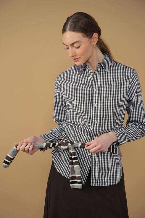 Point Button Up Blouse in Black Gingham