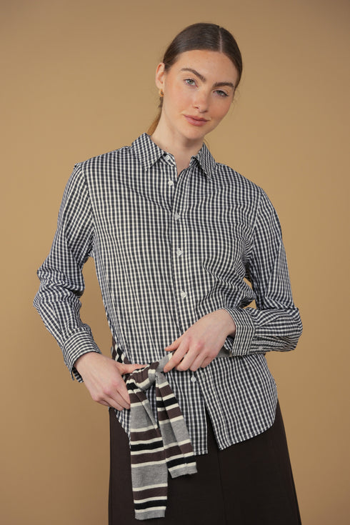 Point Button Up Blouse in Black Gingham