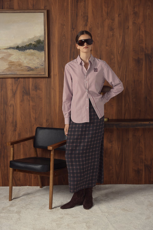 Point Button Up Blouse in Cabernet Stripe