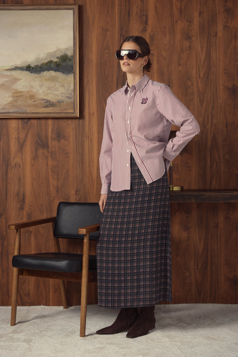 Point Button Up Blouse in Cabernet Stripe