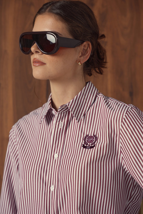 Point Button Up Blouse in Cabernet Stripe