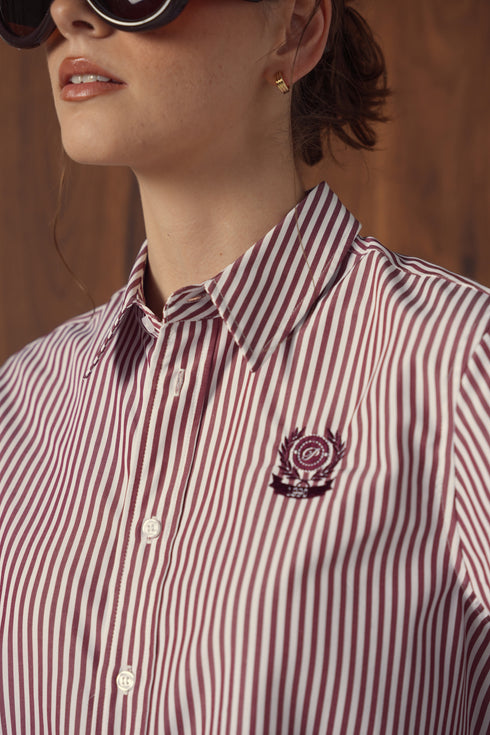 Point Button Up Blouse in Cabernet Stripe