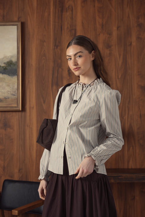 Point Ruffle Blouse in Tan Stripe