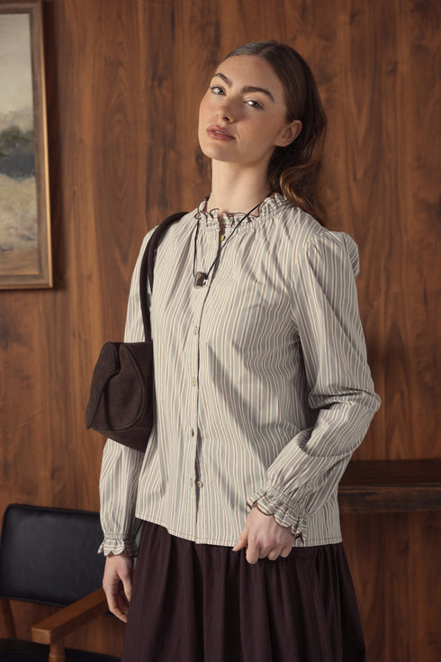 Point Ruffle Blouse in Tan Stripe