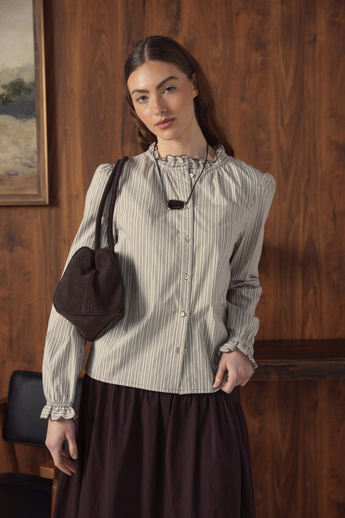 Point Ruffle Blouse in Tan Stripe