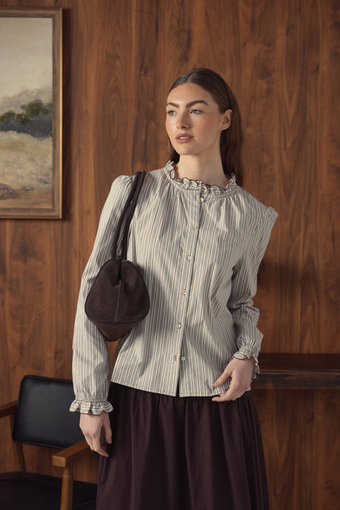 Point Ruffle Blouse in Tan Stripe