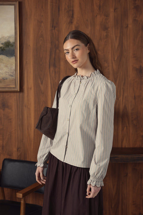 Point Ruffle Blouse in Tan Stripe