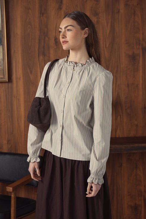 Point Ruffle Blouse in Tan Stripe