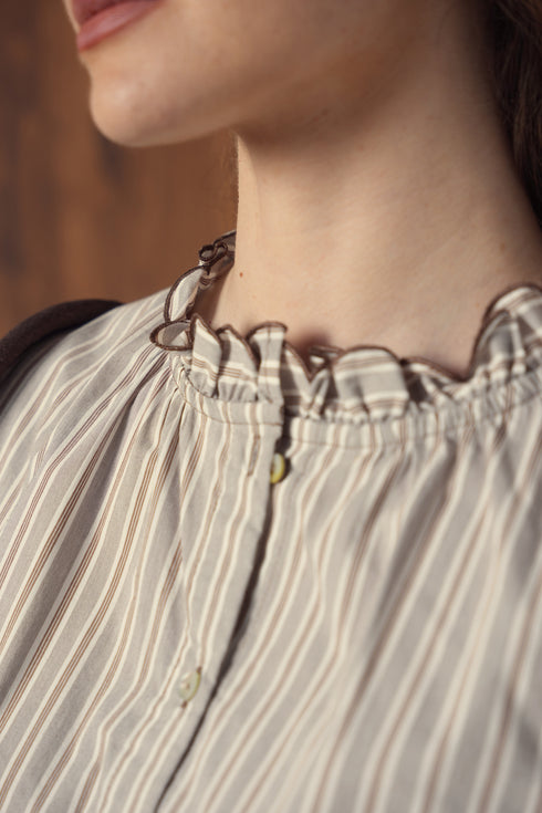 Point Ruffle Blouse in Tan Stripe