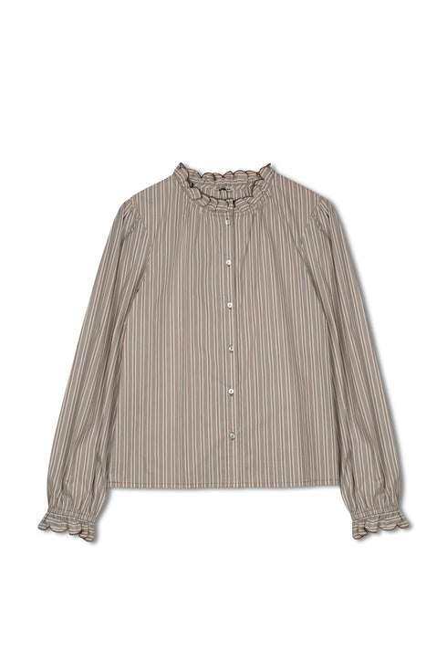 Point Ruffle Blouse in Tan Stripe