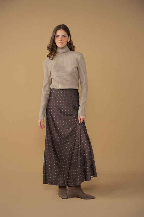 Point Satin A-Line Slip Skirt in Chocolate Foulard