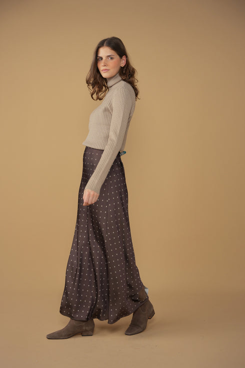 Point Satin A-Line Slip Skirt in Chocolate Foulard