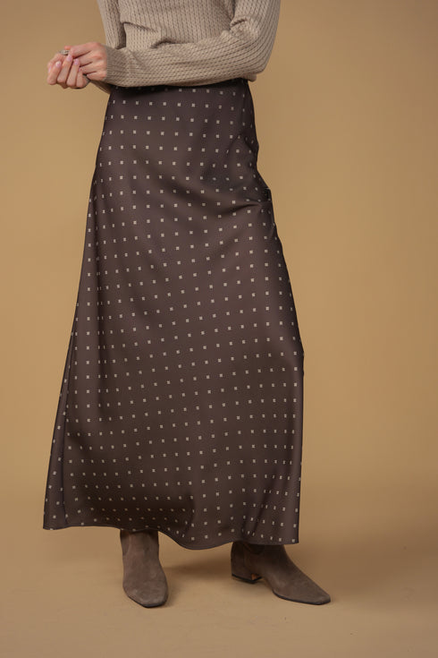 Point Satin A-Line Slip Skirt in Chocolate Foulard
