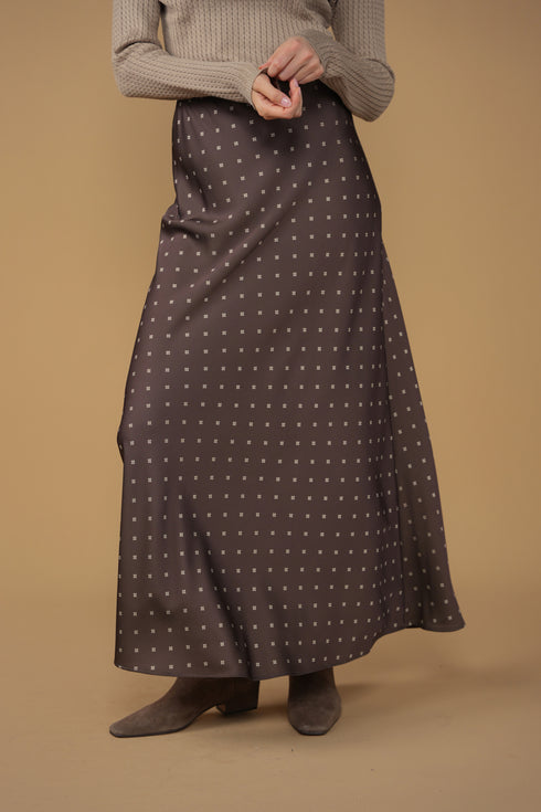 Point Satin A-Line Slip Skirt in Chocolate Foulard