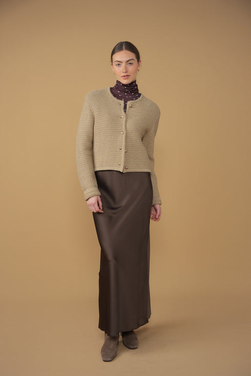 Point Boxy Knit Cardigan in Taupe Melange