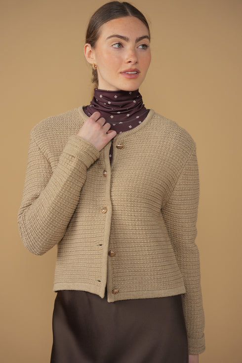 Point Boxy Knit Cardigan in Taupe Melange