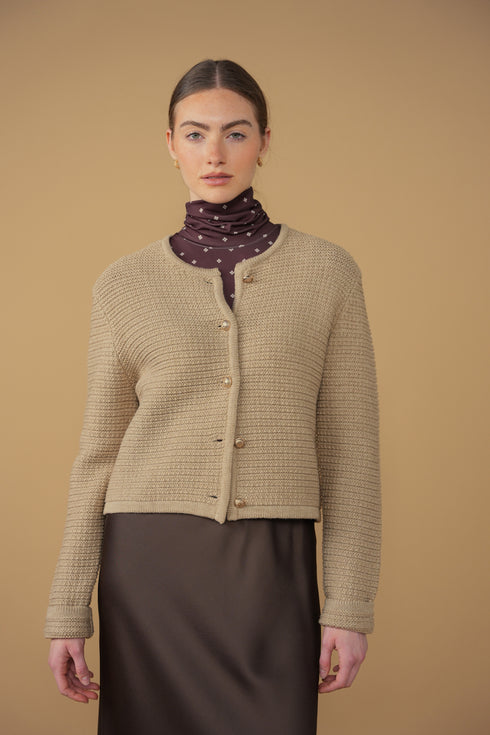 Point Boxy Knit Cardigan in Taupe Melange