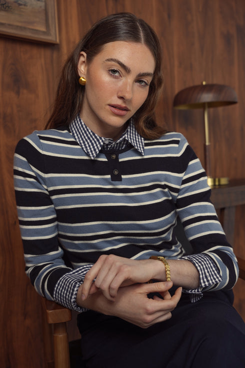 Point Striped Henley in Navy Multi Stripe