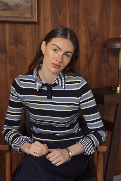 Point Striped Henley in Navy Multi Stripe