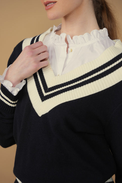 Point Preppy V-Neck Sweater in Navy & Cream