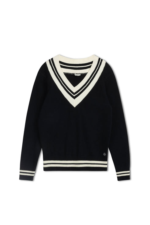 Point Preppy V-Neck Sweater in Navy & Cream