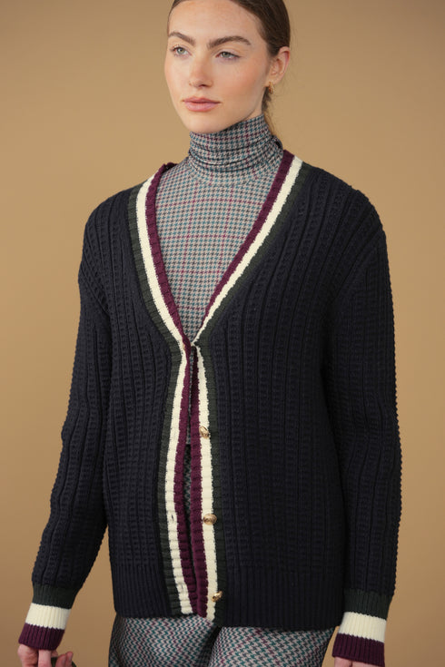Point Cable Cardi in Navy Combo