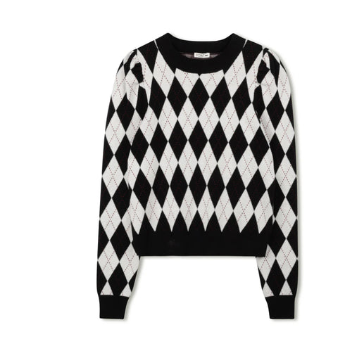 Point Puff Sleeve Jacquard Sweater in Black Argyle